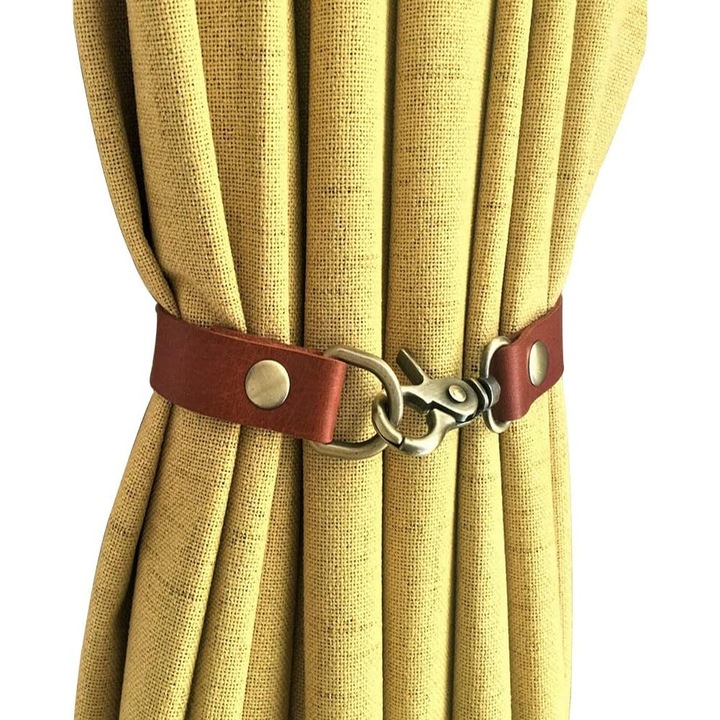 Set 4 curele din piele pentru perdele, design modern, cu catarama bronz, 500x20mm, roscat-maro
