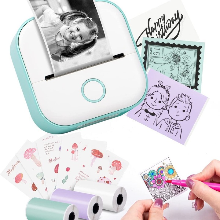 Imprimanta termica portabila T02, mini imprimanta fara cerneala, Bluetooth, dimensiune 8,6x8,6x3,6cm, pentru etichete, note de studiu