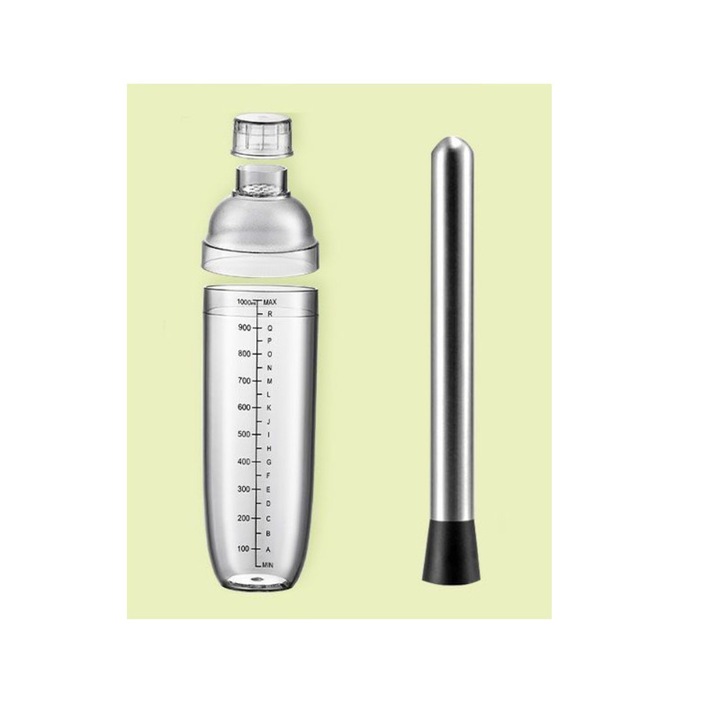 Shaker cocktail transparent, 1000ml, capacitate mare, cu scara si sita, rezistent la scurgeri, set