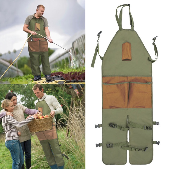 Sort gradinarit Herusi, multi-buzunare, rezistent murdarie, verde armata maro, 118x45cm
