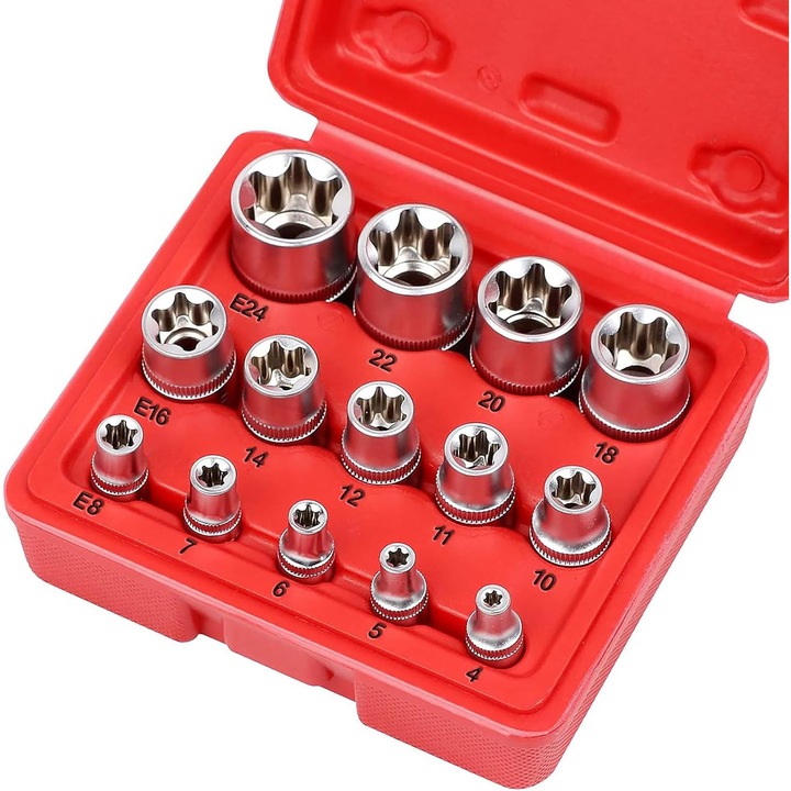 Set de 14 chei cu prindere Torx, dimensiuni 1/4", 3/8", 1/2", cu cutie de transport