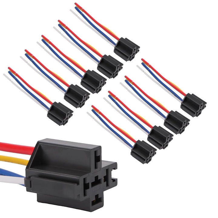 10 darab 4 tűs SPDT 12V DC relé foglalat készlet 12AWG, 18AWG vezetékekkel