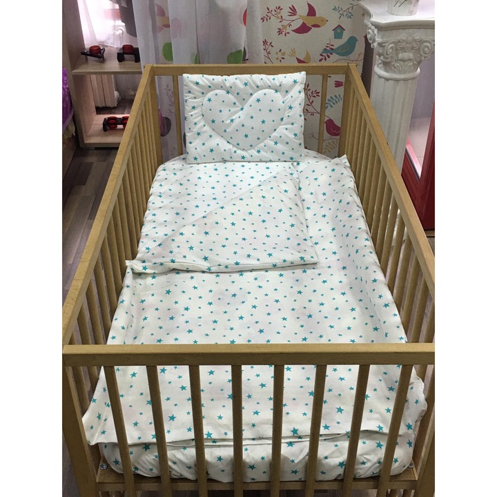 Lenjerie trei piese, din bumbac ranforce, culoare alb/turcoaz, pentru patut de bebelusi 120/60cm, din colectia "Printre stelute" - LPR6