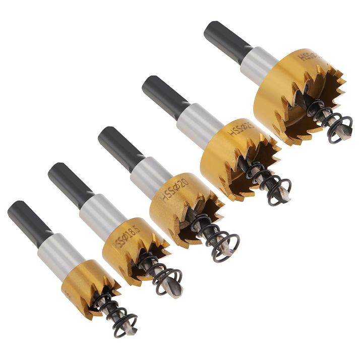 Set de 5 carote pentru gaurit HSS, 16-30 mm, pentru otel inoxidabil, cutite din otel rapid