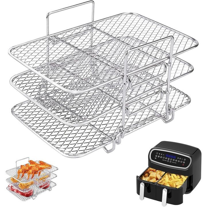 Raft pentru airfryer, 3 straturi, otel inoxidabil 304, 19,1x12x11,5cm, accesorii bucatarie