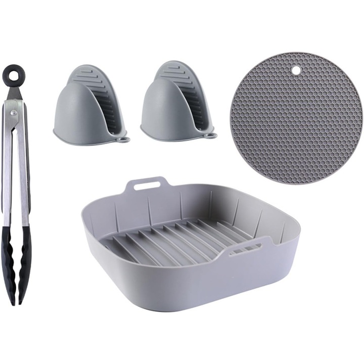 Set accesorii silicon pentru airfryer, 5 piese, cu manusi si cleste, BPA-free, multicolor