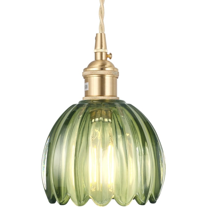 Lustra suspendata, abajur sticla, accesorii alama, 15x11cm, lungime ajustabila 150cm, Auriu / Verde