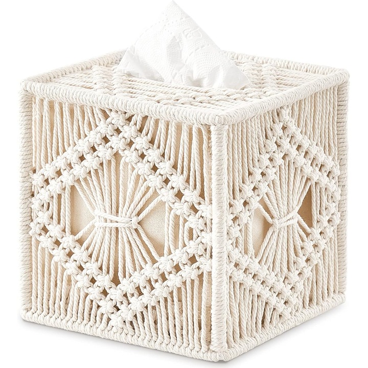 Калъф за кутия за салфетки, бохо дизайн, 14x14x14см, цвят слонова кост, от плетен памук