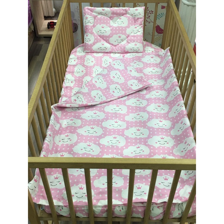 Lenjerie trei piese, din bumbac ranforce, culoare roz/alb, pentru patut de bebelusi 120/60cm, din colectia "Vis cu norisori" - LPR16