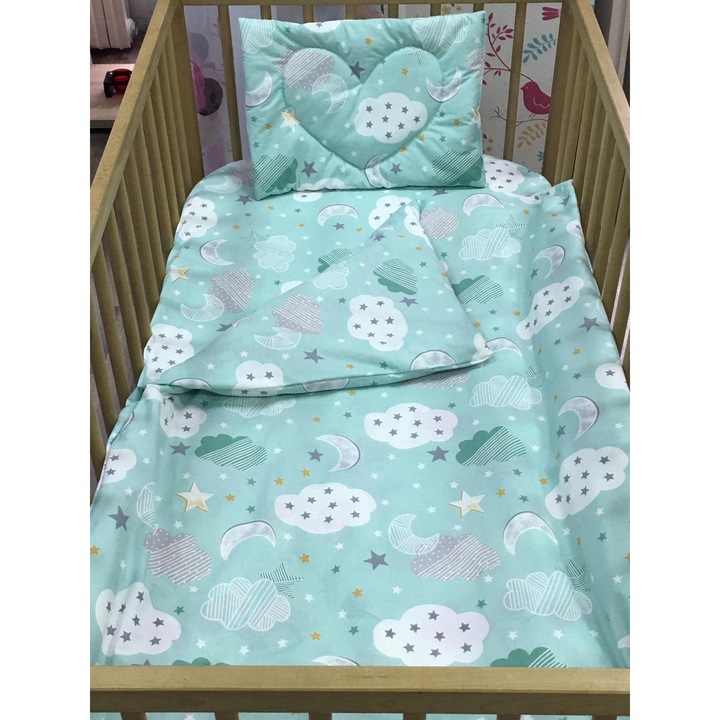 Lenjerie trei piese, din bumbac ranforce, culoare verde/alb, pentru patut de bebelusi 120/60cm, din colectia "Vis cu norisori" - LPR20