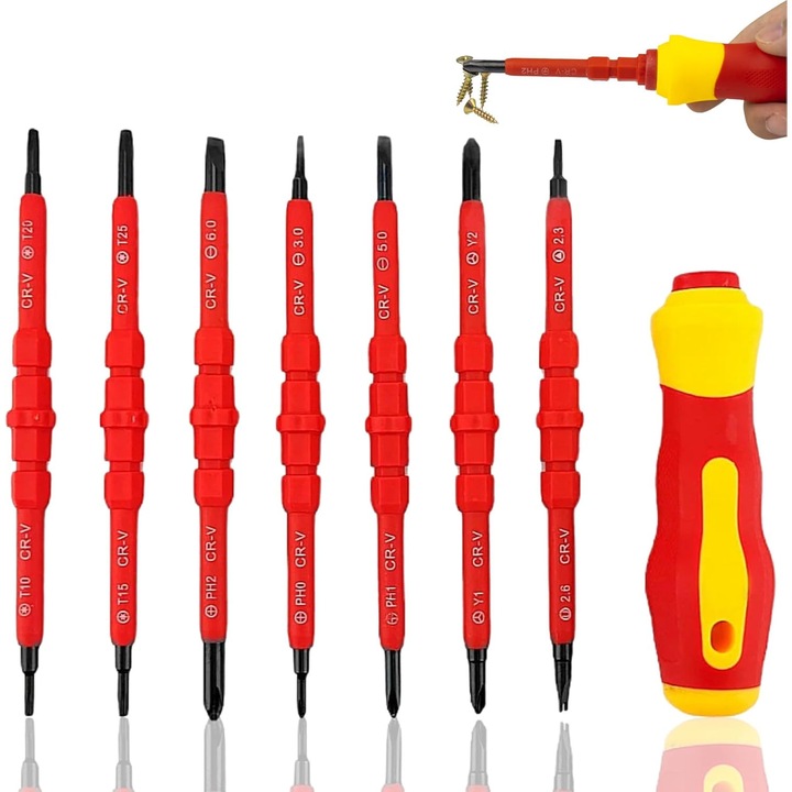 Комплект магнитни отвертки 14 в 1, 40 накрайника S2, ергономичен дизайн, многоцветен