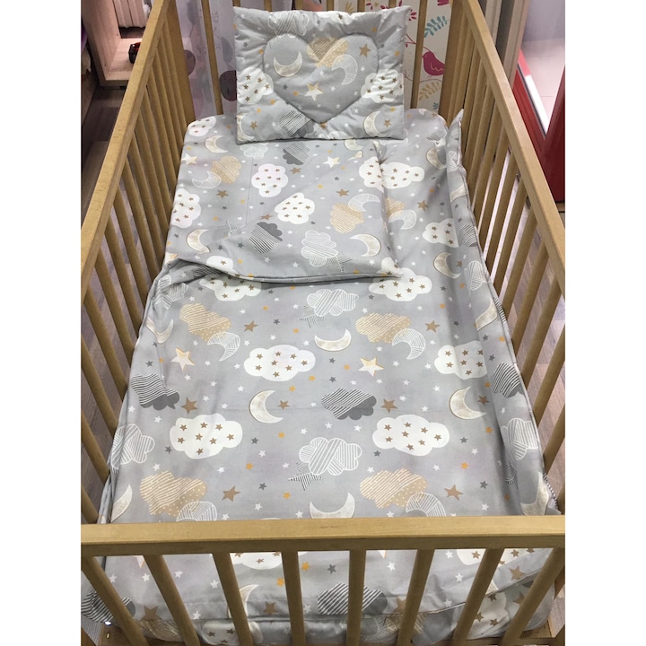 Lenjerie trei piese, din bumbac ranforce, culoare gri/alb, pentru patut de bebelusi 120/60cm, din colectia "Vis cu norisori" - LPR21