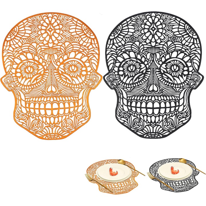 Set 2 servete Halloween, PVC, design craniu, antiderapant, 31x38cm, negru si portocaliu