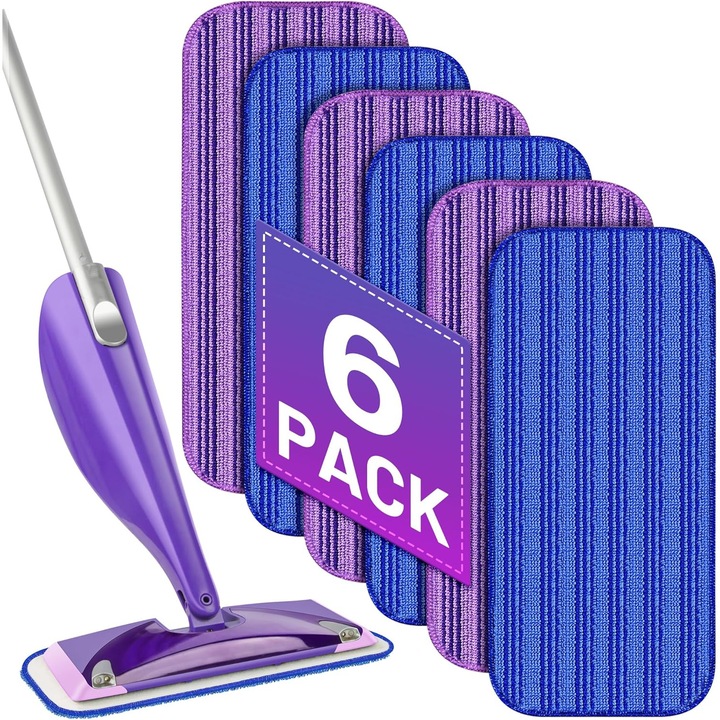 Set de 6 pad-uri de mop reutilizabile, compatibile cu Swiffer Wet Jet, microfibra, 29,7x14cm, 3 mov + 3 albastru