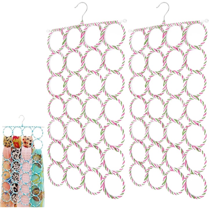 Umerase pentru esarfe, set 2 bucati, organizator multifunctional, 28 inele, dimensiuni 73x39cm, culori variate