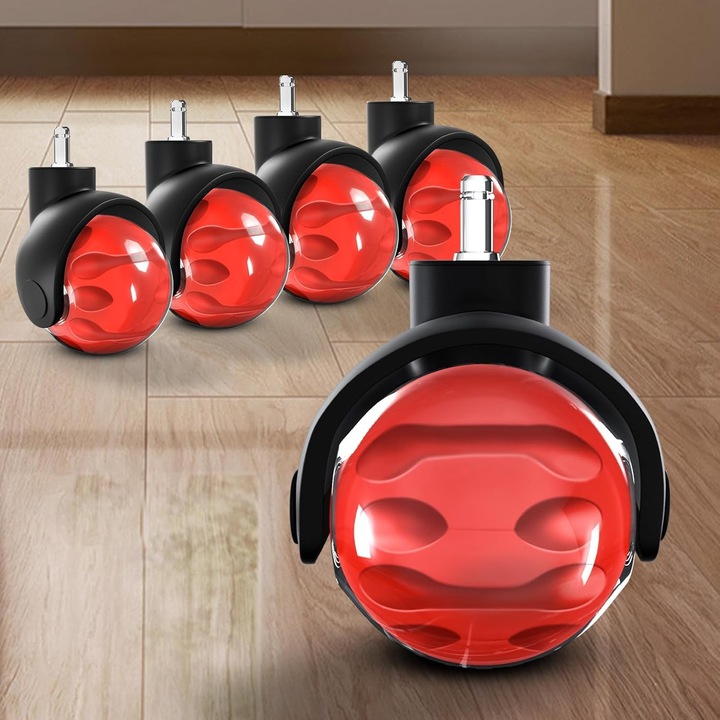 Set de 5 roti pentru scaune, dimensiune universala 11x22 mm, roti din cauciuc, glisare lina si silentioasa, rosu