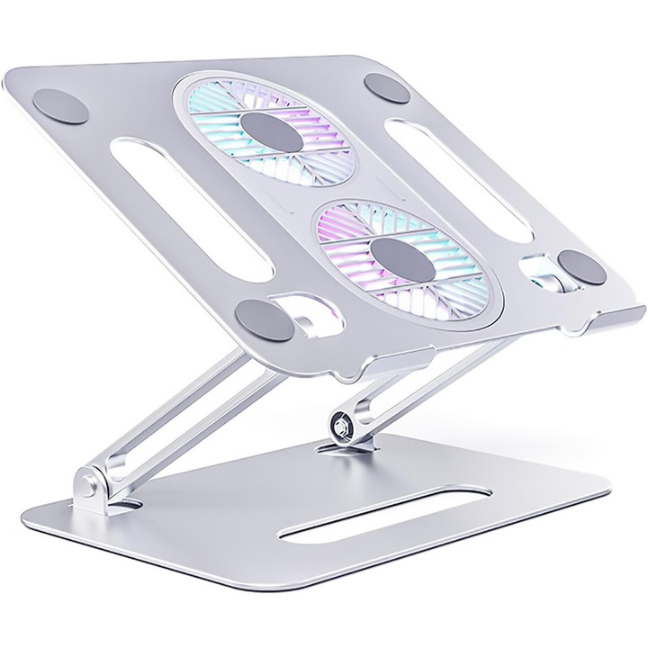Suport laptop ajustabil, racitor cu ventilator, compatibil cu laptopuri de 10-15,6 inch, design ergonomic, aluminiu, stabil.