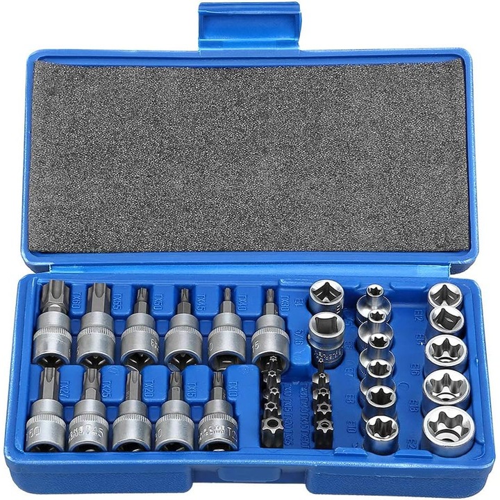 Комплект инструменти, 34 части, звездообразни накрайници, за ръчна употреба, с кутия за съхранение