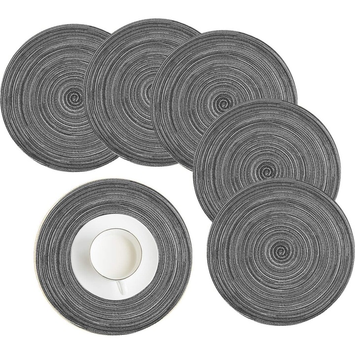 Set de 6 suporturi de masa rotunde din bumbac si polipropilena, 38 cm, rezistente la caldura, antiderapante, lavabile