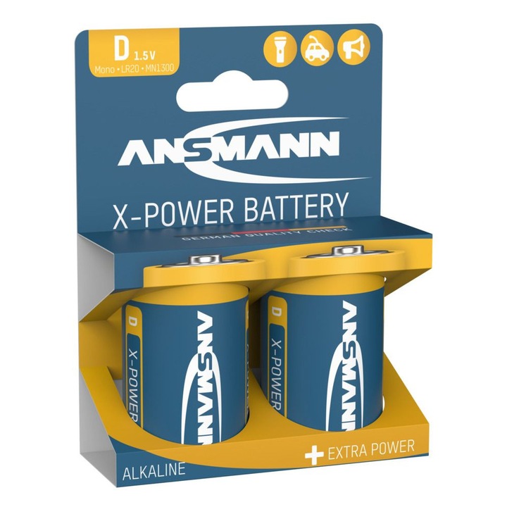 Baterii alcaline X-Power D/LR20, Ansmann, 2 bucati, 1,5V, 7 ani durabilitate, multicolor