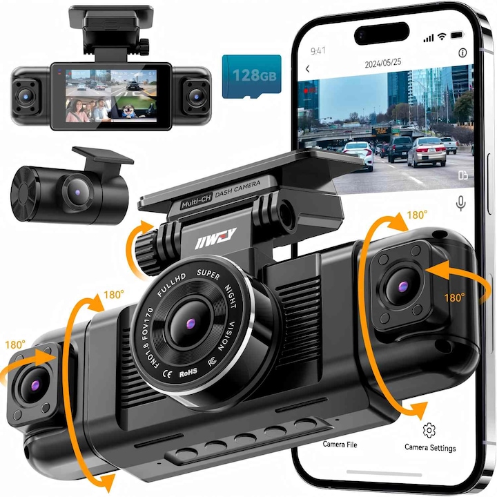 Camera auto cu 4 canale, camp vizual la 360°, vedere frontala si spate 1080p, camera auto pe partea stanga, 8 LED-uri cu vedere nocturna in infrarosu, WiFi 5G si control prin aplicatie, senzor G, mod parcare, negru