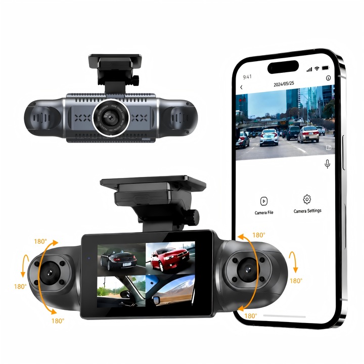 Camera auto cu 4 canale, camp vizual la 360°, vedere frontala si spate 1080p, camera auto pe partea stanga, 8 LED-uri cu vedere nocturna in infrarosu, WiFi 5G si control prin aplicatie, senzor G, mod parcare, negru