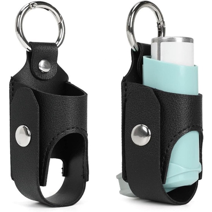 Set 2 cutii pentru inhalatoare de astm, negru, din piele PU, portabile, cu breloc