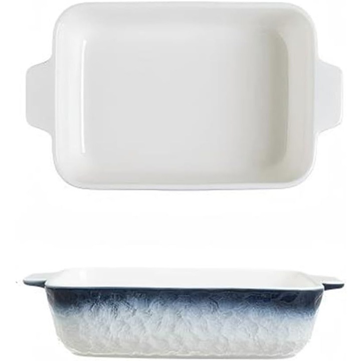 Set tavi copt ceramice, forme rectangulare si largi, sigure pentru cuptor/microunde/masina de spalat vase, gri-albastru, 20 cm