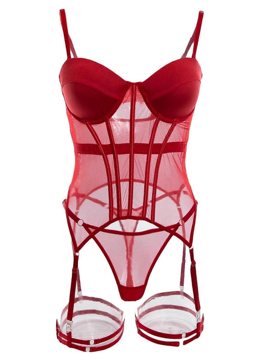 Női fehérnemű szett, piros hálós body, Piros