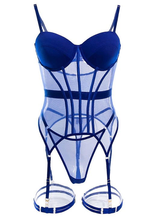 Szexi fehérnemű szett nőknek, Babydoll body harisnyatartóval, kék, hálós anyag, S nemzetközi