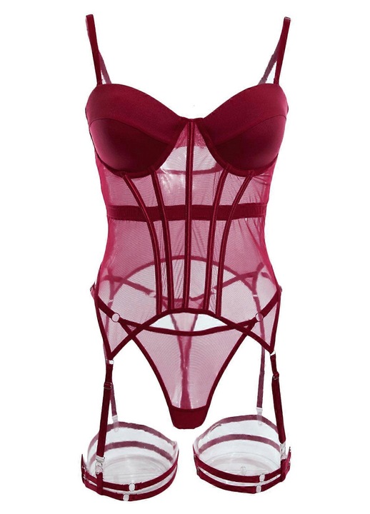 Női fehérnemű szett, piros hálós body, Sötétpiros