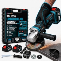 Polizor Unghiular Vivendo® Profesional Fara Fir 48V, 8500 RPM, 2 Acumulatori Li-Ion 5Ah, Disc 125 mm, Polizor Unghiular cu Acumulator, Trusa Transport, Cheie, Aparatoare, Albastru
