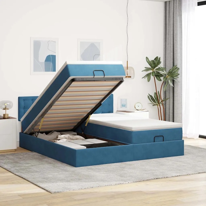 Pat otoman cu saltele, VidaXL, albastru, 160x200 cm, cu spatiu de depozitare, iluminare LED
