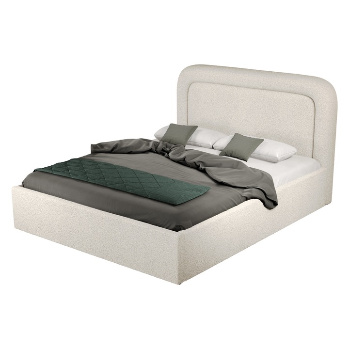 Pat dublu tapitat Madrid, cadru lemn si pal, 140x190 cm, stofa plusata bej, cu somiera rabatabila si lada depozitare