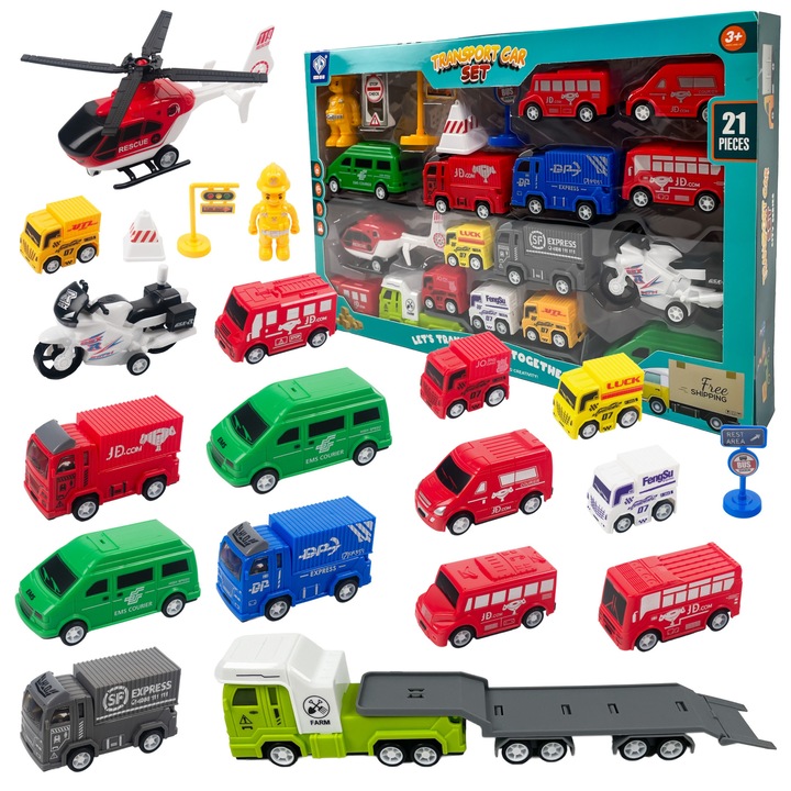 Oras Szett 21 Darabos Visszahúzható Kisautókkal, Figurával és Közlekedési Táblákkal – Oktató Játék Gyermekeknek 3-8 Éves Korig