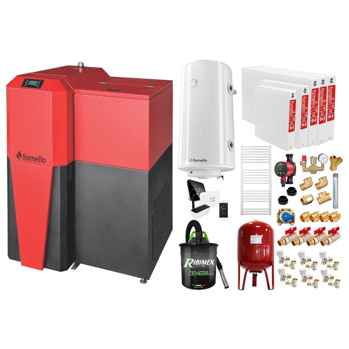 Set Centrala mixta Lemn/Pelet Fornello Tera 28 kW, calorifere otel, boiler, termostat, aspirator, pompa, vas expansiune, fitinguri, aprindere automanta la peleti, buncar peleti 95 kg, creuzet fonta, curatarea facila, pentru 180 mp