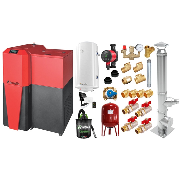 Set Centrala mixta Lemn/Pelet Fornello Tera 28 kW, cos inox, boiler, termostat, aspirator, pompa, vas expansiune, fitinguri, aprindere automanta la peleti, buncar peleti 95 kg, creuzet fonta, curatarea facila, pentru 180 mp