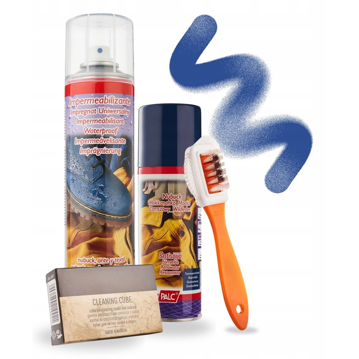 Kit de renovare, varf, bleumarin, 400 ml, spray pentru piele intoarsa si nubuc 200 ml, impregnare pentru incaltaminte si textile 400 ml, radiera de curatare, perie cu doua fete pentru piele intoarsa si nubuc, multicolor, 4 bucati, plastic, renovare