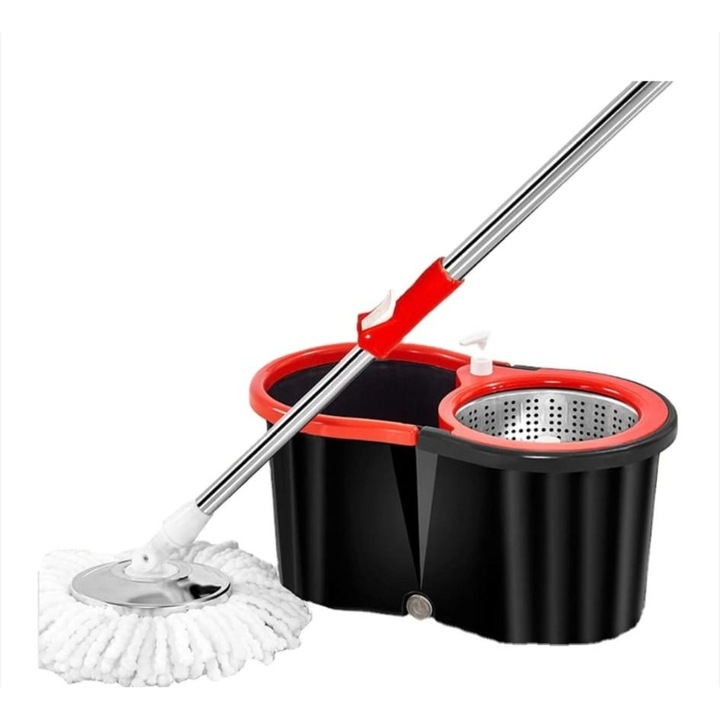 Set Complet de Curatare cu Mop rotativ, Galeata cu Storcator si Maner telescopic, Rotor metalic, Rezerve microfibra, rosu/negru