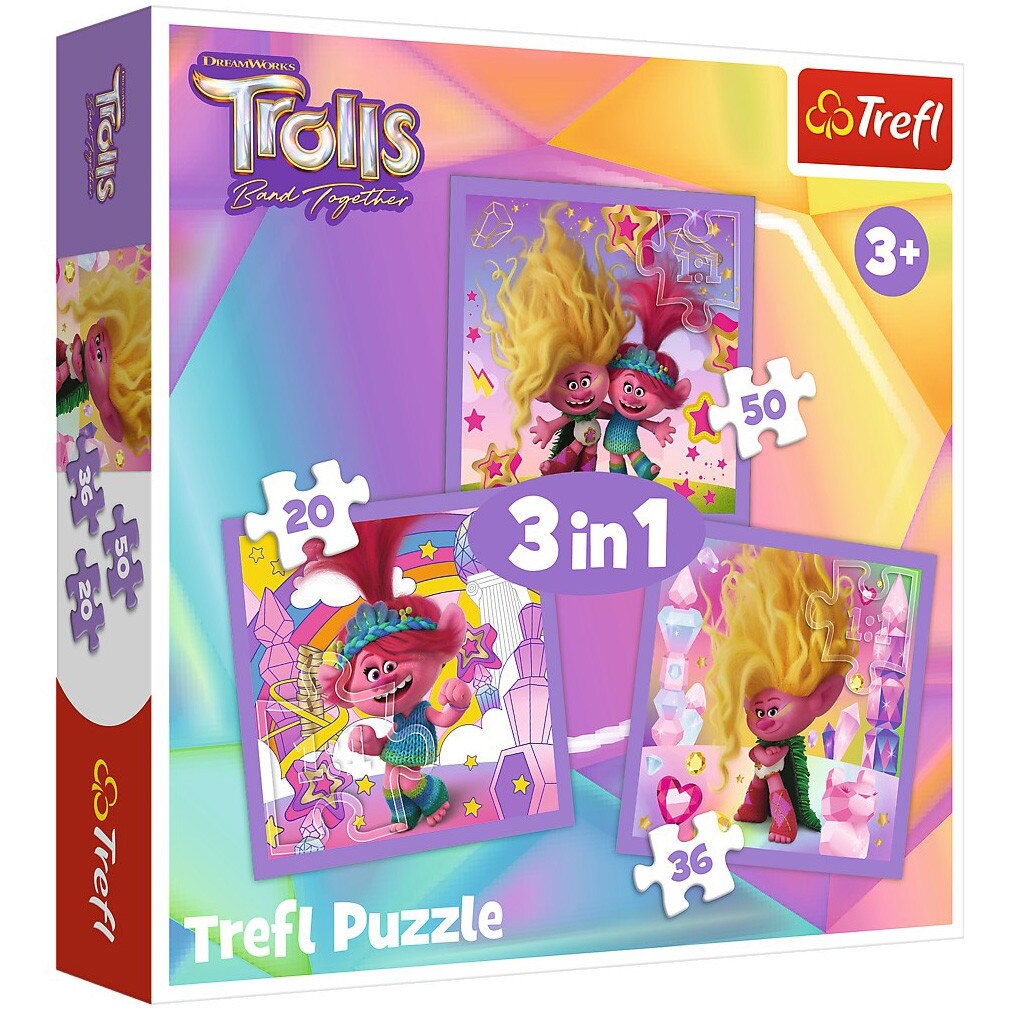Puzzle Trefl 3 in 1, Trolls, Trolii fericiti, 20/36/50 piese