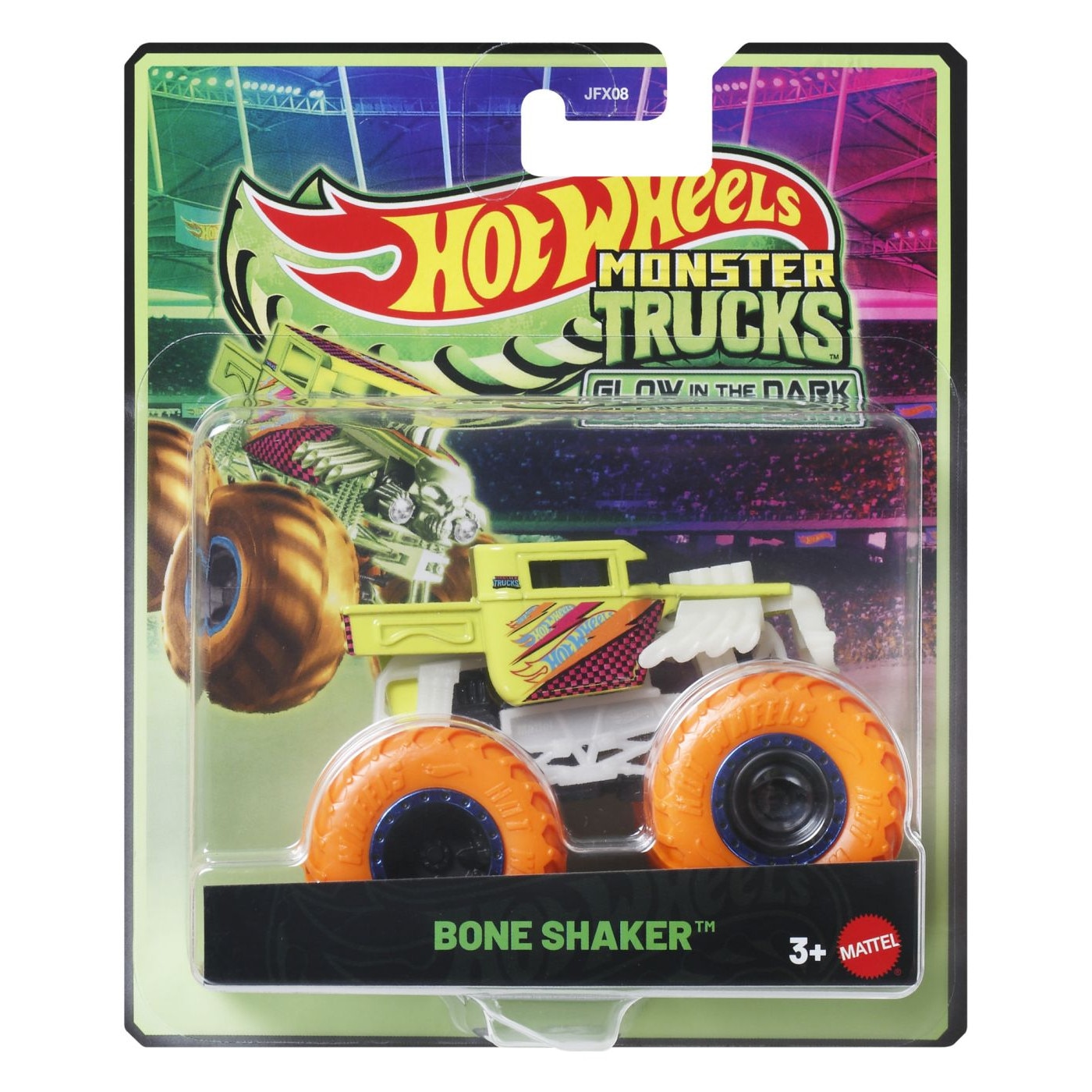 Masinuta Hot Wheels Monster Truck - Glow in the Dark, Bone Shaker, scara 1:64