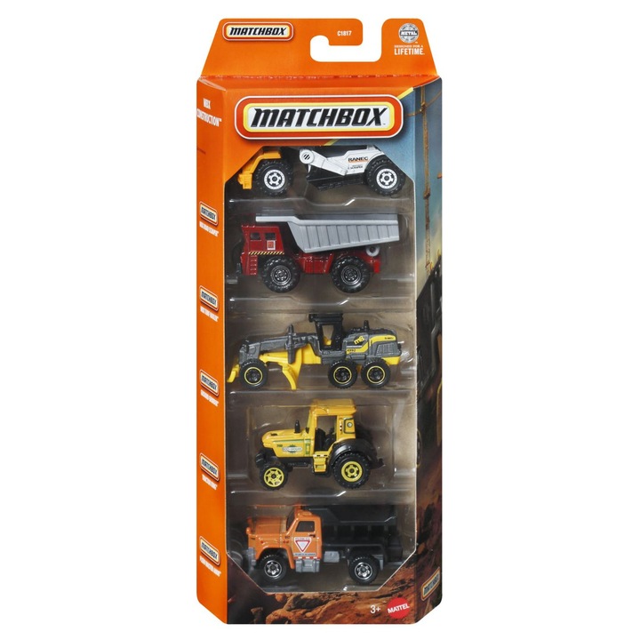 Set 5 masinute Matchbox - MBX Construction, scara 1:64
