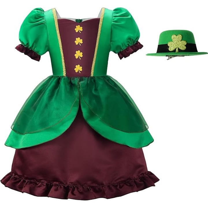 Costum elf fata spiridus rochie irlandeza de Ziua Sfantului Patrick cu palarie, 10-11 ani (140 cm)