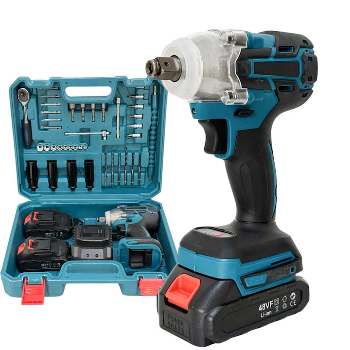 Vezeték nélküli ütvecsavarozó, töltőállomás, 48V, Ütvefúró és csavarozó, 2 akkumulátor, rendszerező doboz alkatrészekhez, 40 kiegészítő, LuckyLu®