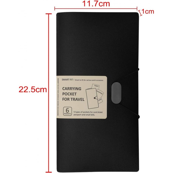 Органайзер за джобни документи JIAHG, черен, PP/PVC, 12 x 22,5 см