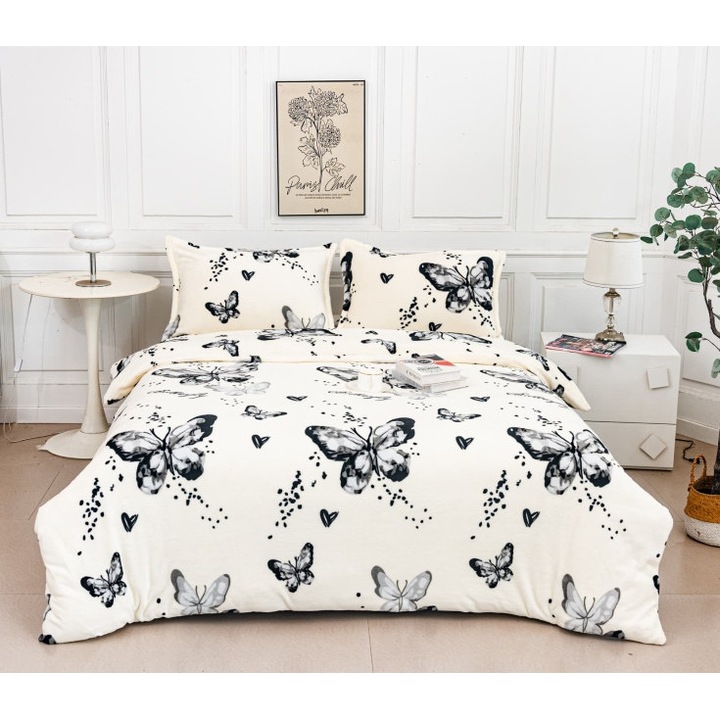 Lenjerie de Pat, Husa cu Elastic, Cocolino, 2 Persoane, 4 Piese, 180x200cm, Imprimeu Fluturi, Alb-Negru