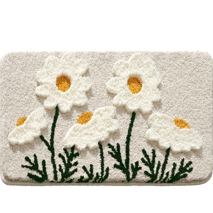 Covoras De Baie Pufos Boutique Deluxe, Design Tridimensional Flori, Ultra-Absorbant, Antiderapant, Ideal Pentru Baie, Alb