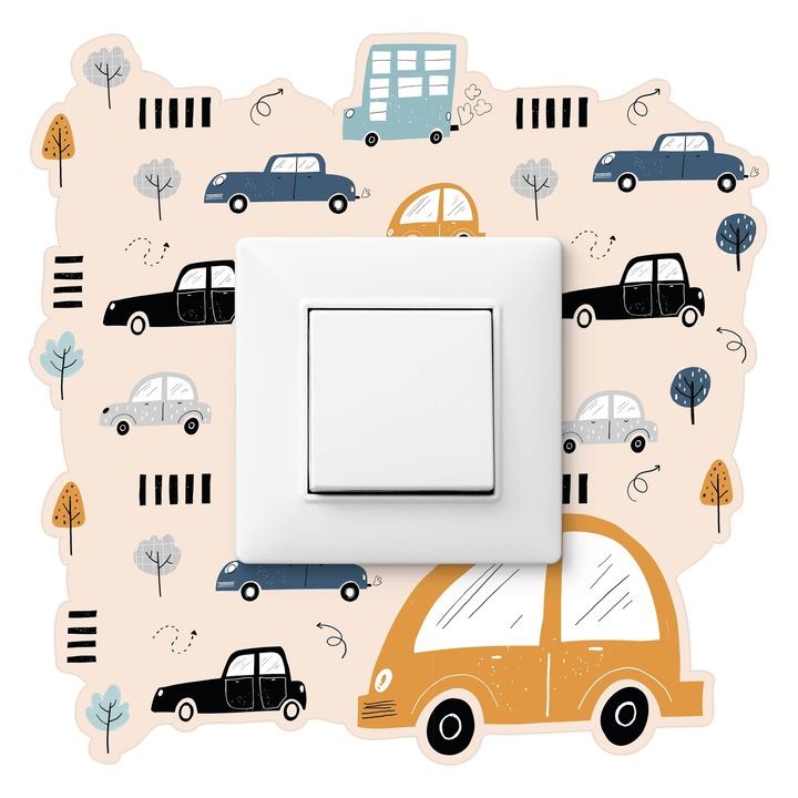 Sticker Muralo Pentru Intrerupator Masinute in Stil Scandinav 20x20 Camera Copil