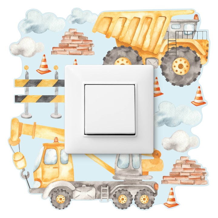Sticker Muralo Pentru Intrerupator Masini de Constructii in 20x20 Stil Boho Camera Copil