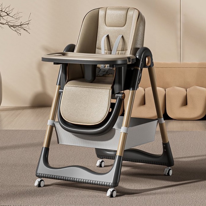 Scaun de Masa Pliabil 3 in 1 pentru Bebelusi si Copii, Qova®, Multifunctional, Reglabil pe inaltime, 4 Pozitii inclinare Spatar, Cu Roti cu blocare, Centura de Siguranta in 5 Puncte, Tava dubla & pozitii multiple, Structura sigura, Loc pentru Depozitare